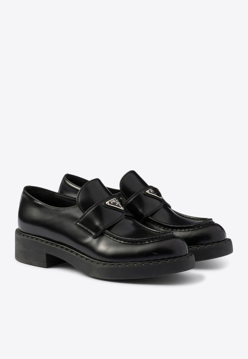 Prada Chocolate Brushed Leather Logo Loafers Black 1D246MG050ULS/R_PRADA-F0002