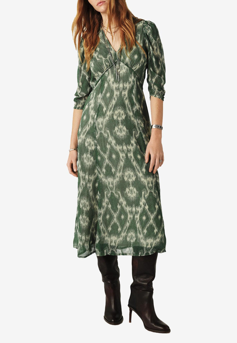 ba&sh Matsa Printed Midi Dress Khaki 1E25MATS_KHAKI