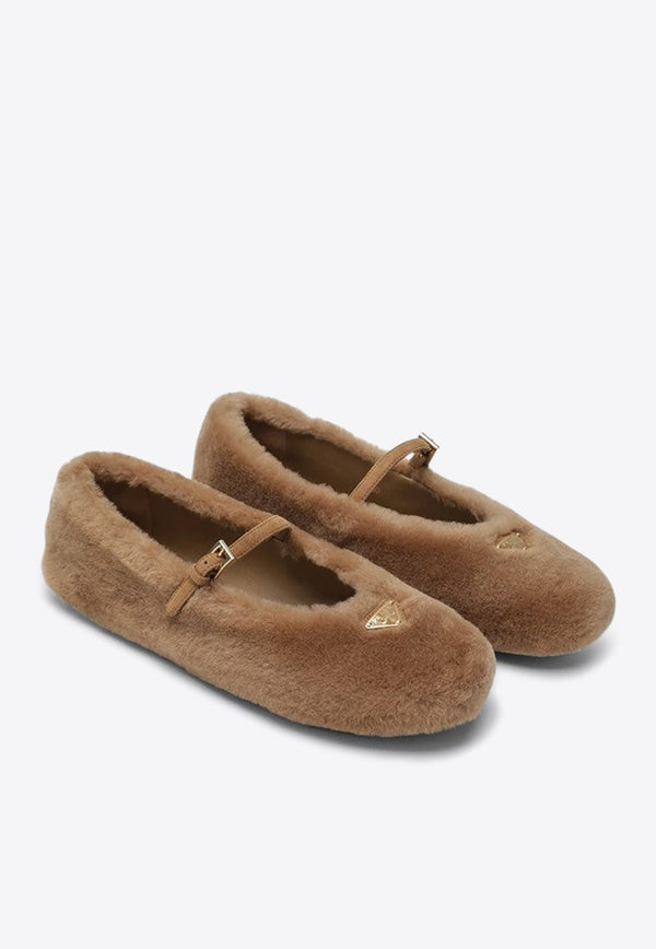 Prada Triangle Logo Shearling Ballet Flats Beige 1F159O005173/R_PRADA-F098L
