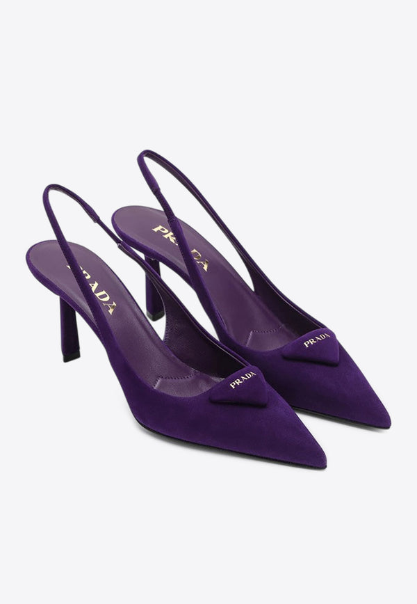 Prada 75 Triangle Logo Slingback Suede Pumps Purple 1I901MDD75008/R_PRADA-F0030