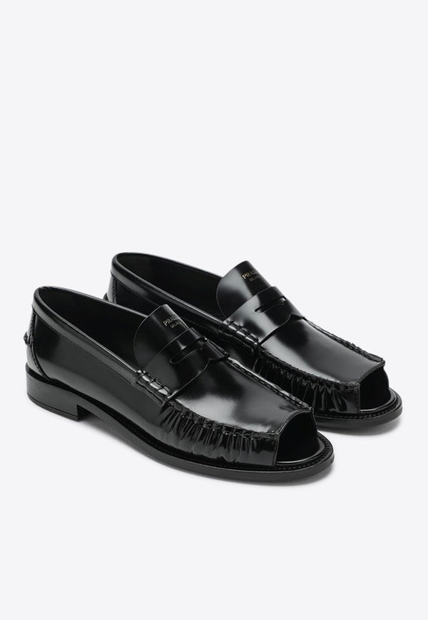 Prada Brushed Leather Peep-Toe Loafers Black 1K200O020P39/R_PRADA-F0002
