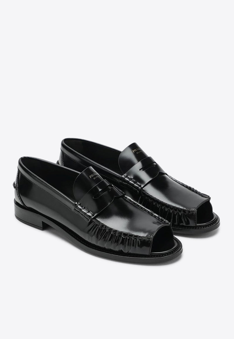 Prada Brushed Leather Peep-Toe Loafers Black 1K200O020P39/R_PRADA-F0002