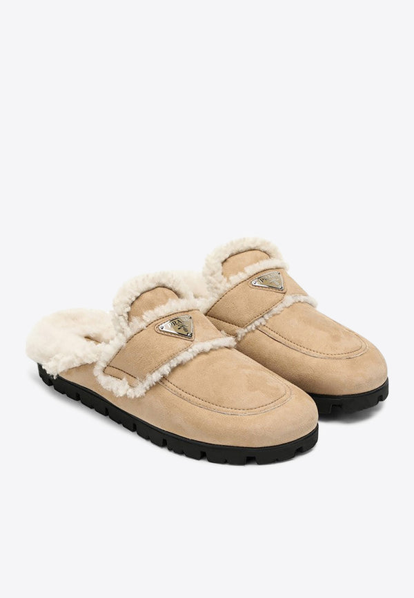 Prada Triangle Logo Shearling Flat Mules Beige 1S711M0201A6/N_PRADA-F0379