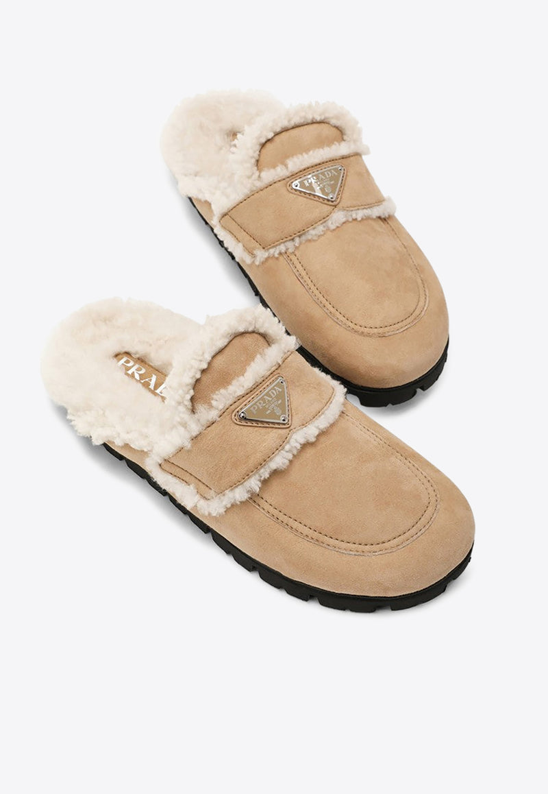 Prada Triangle Logo Shearling Flat Mules Beige 1S711M0201A6/N_PRADA-F0379