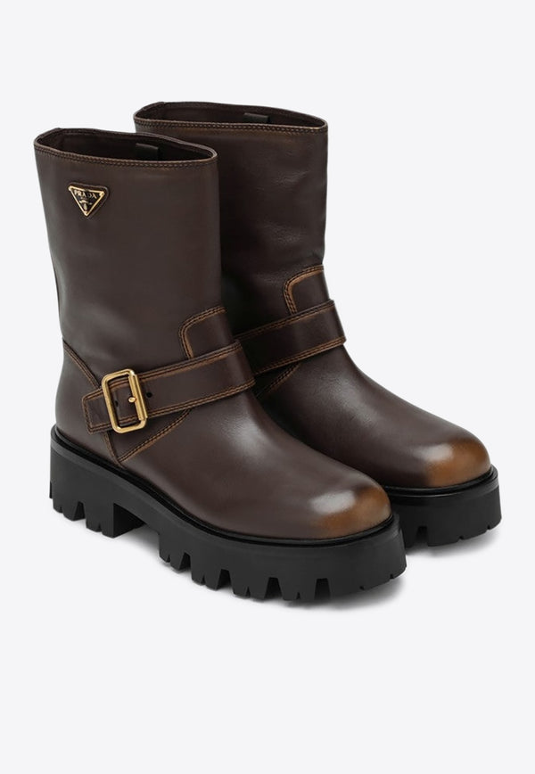 Prada Triangle Logo Distressed Leather Ankle Boots Brown 1U187O050DFW/R_PRADA-F0324