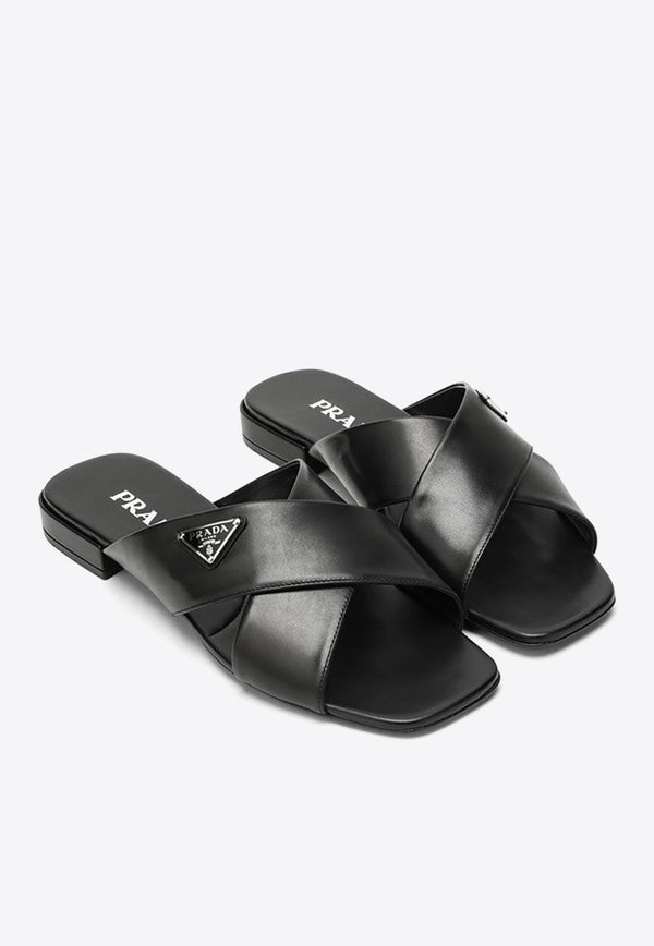 Prada Logo Plaque Leather Flat Sandals Black 1XX65901007I/O_PRADA-F0002
