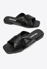Prada Logo Plaque Leather Flat Sandals Black 1XX65901007I/O_PRADA-F0002