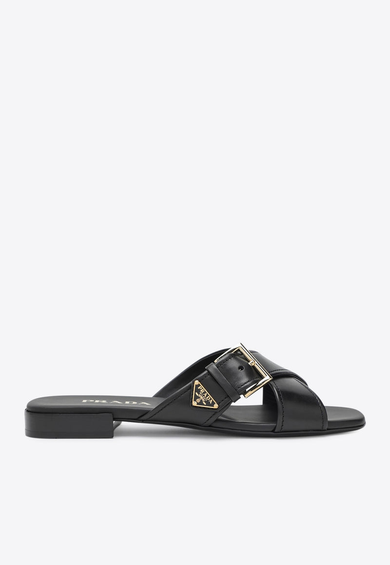 Prada Triangle Logo Leather Flat Sandals Black 1XX778010248/S_PRADA-F0002