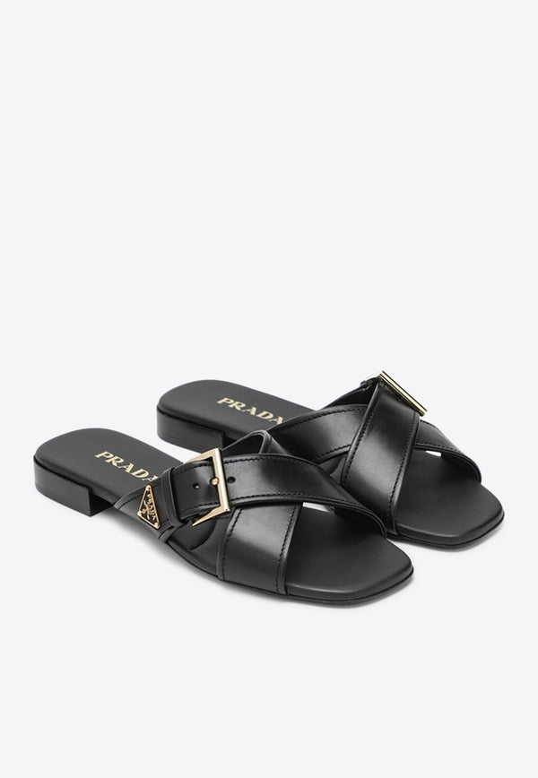 Prada Triangle Logo Leather Flat Sandals Black 1XX778010248/S_PRADA-F0002