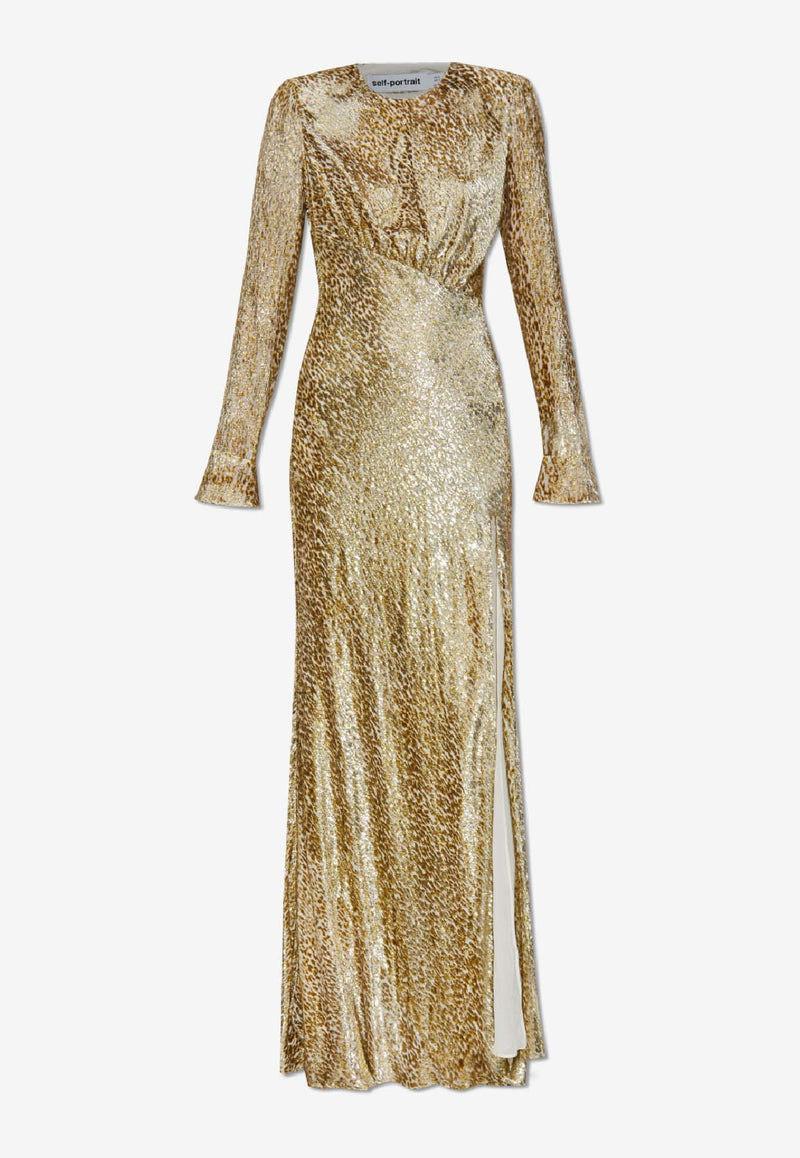 Self-Portrait Fil Coupe Animal Print Maxi Dress PF25-060XA-GD 0-GOLD