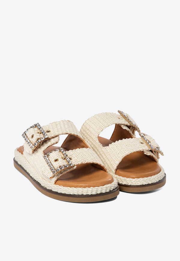 ALIBI Greta Crystal Buckle Raffia Sandals Pearl GRETARAFIAPEARL_70215