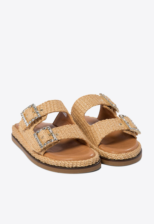 ALIBI Greta Crystal Buckle Raffia Sandals Beige GRETARAFIABEIGE_70217