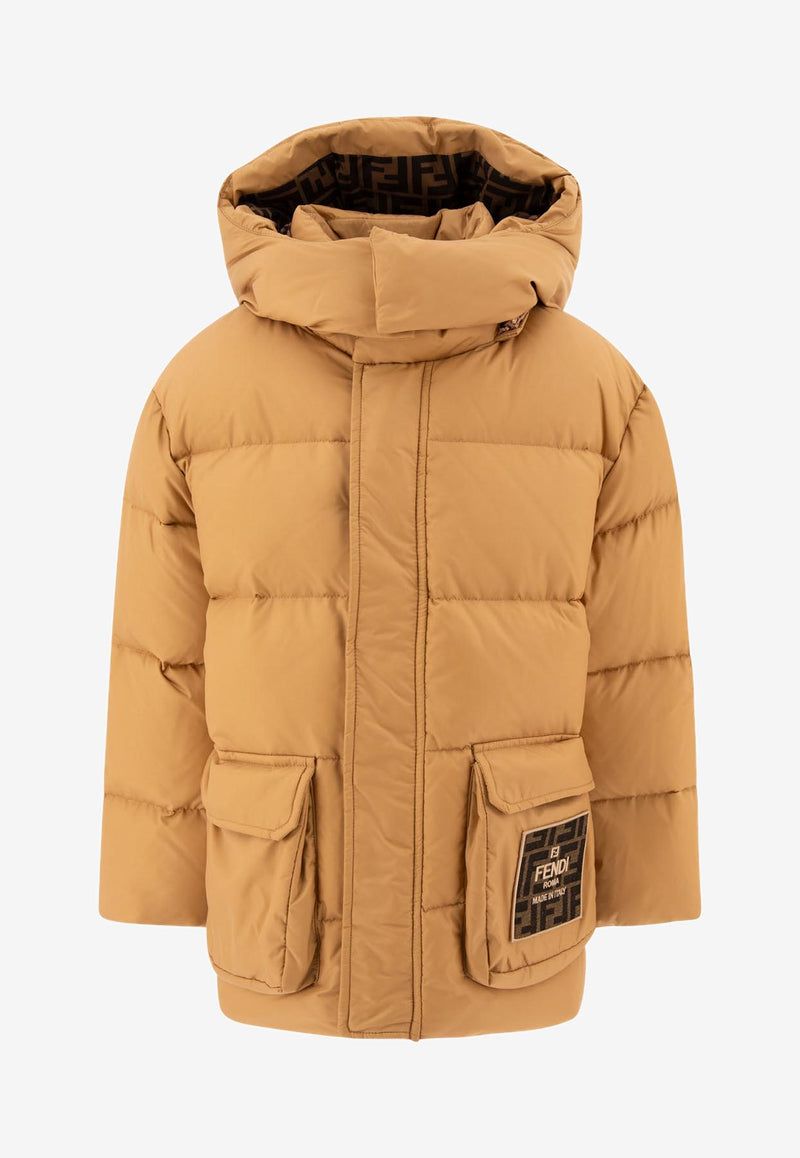 Fendi Kids Boys Logo Patch Down Jacket Beige JUA176AS56F1F4G_71546