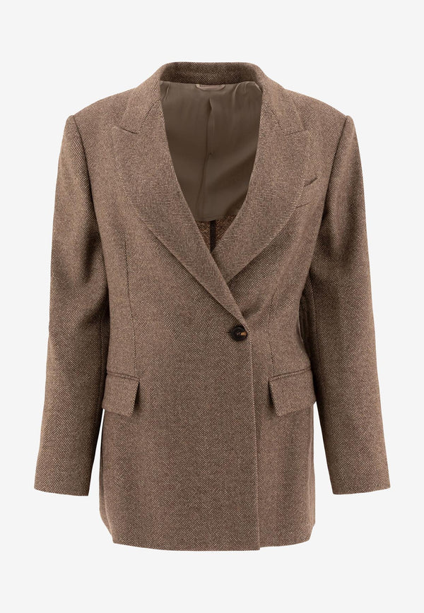 Brunello Cucinelli Chevron Wool Double-Breasted Blazer Brown MB1317163C001_72493
