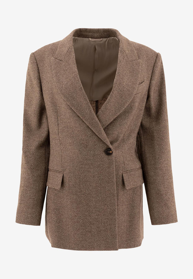 Brunello Cucinelli Chevron Wool Double-Breasted Blazer Brown MB1317163C001_72493