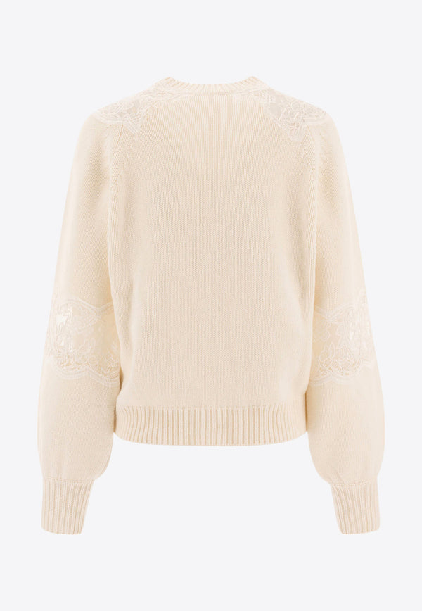 Elie Saab Knitted Sweater with Lace Inserts Cream TO102NF24KWL01POWDER WHITE_74232