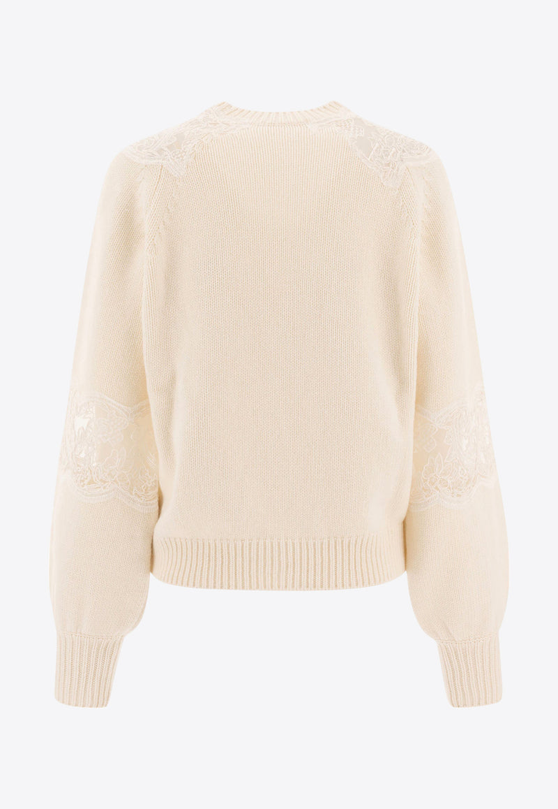 Elie Saab Knitted Sweater with Lace Inserts Cream TO102NF24KWL01POWDER WHITE_74232