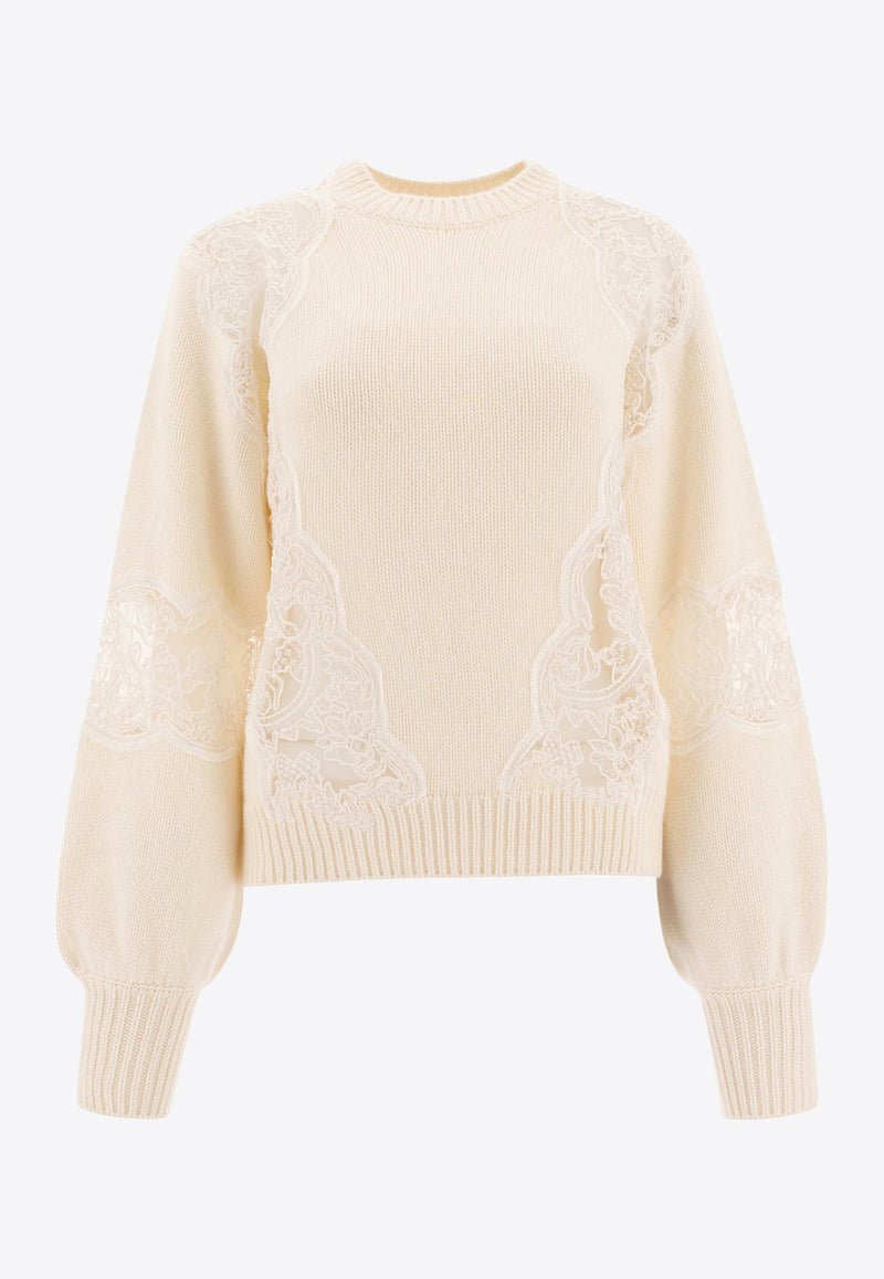 Elie Saab Knitted Sweater with Lace Inserts Cream TO102NF24KWL01POWDER WHITE_74232