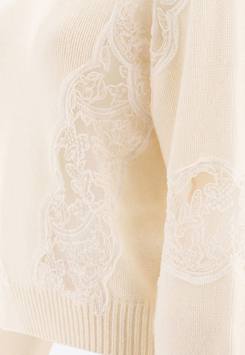 Elie Saab Knitted Sweater with Lace Inserts Cream TO102NF24KWL01POWDER WHITE_74232