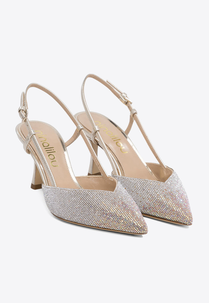 Ninalilou Mya 70 Rhinestone Embellished Slingback Pumps Platinum 351247M7/33PLATINO_76402