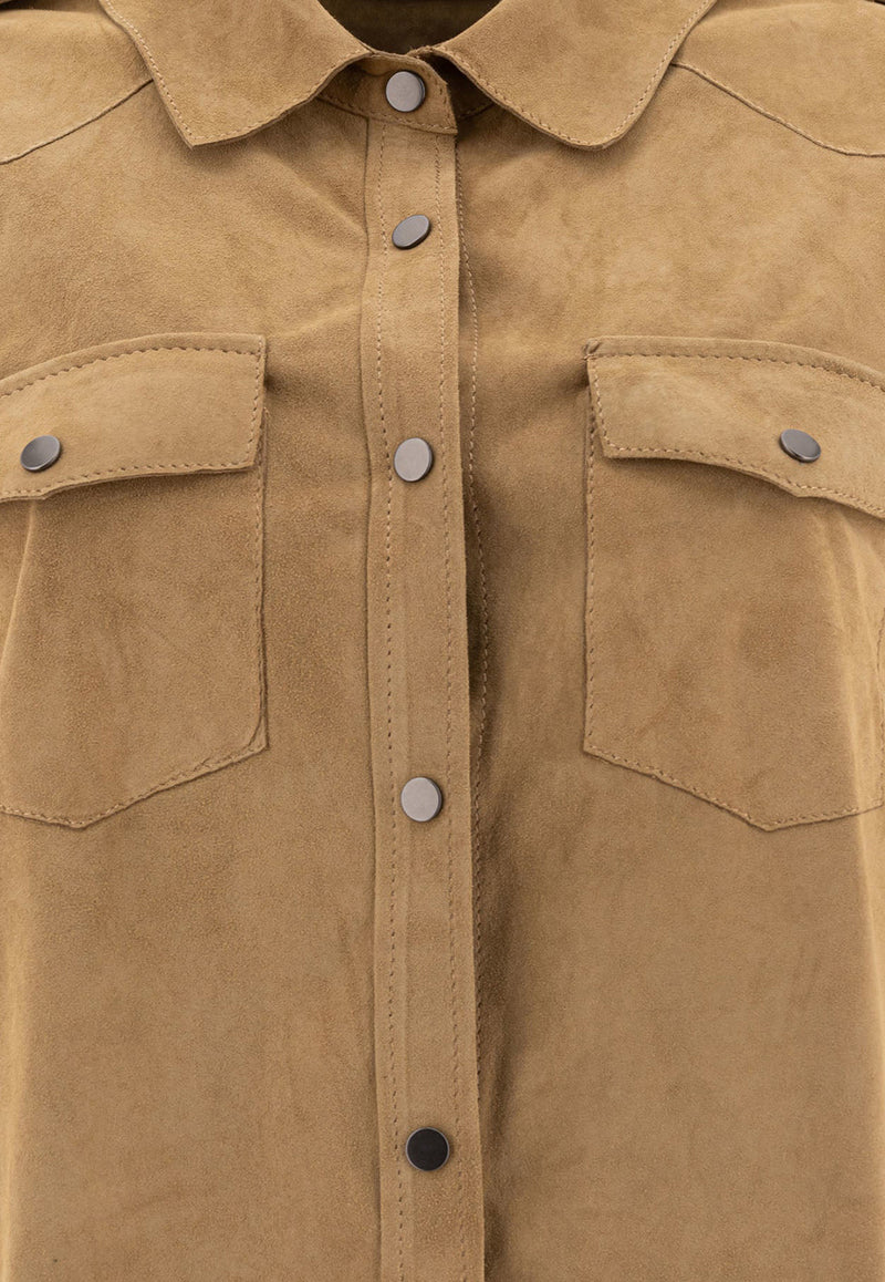 Salvatore Santoro Suede Leather Short-Sleeved Shirt Beige 48072-DBEIGE_78158