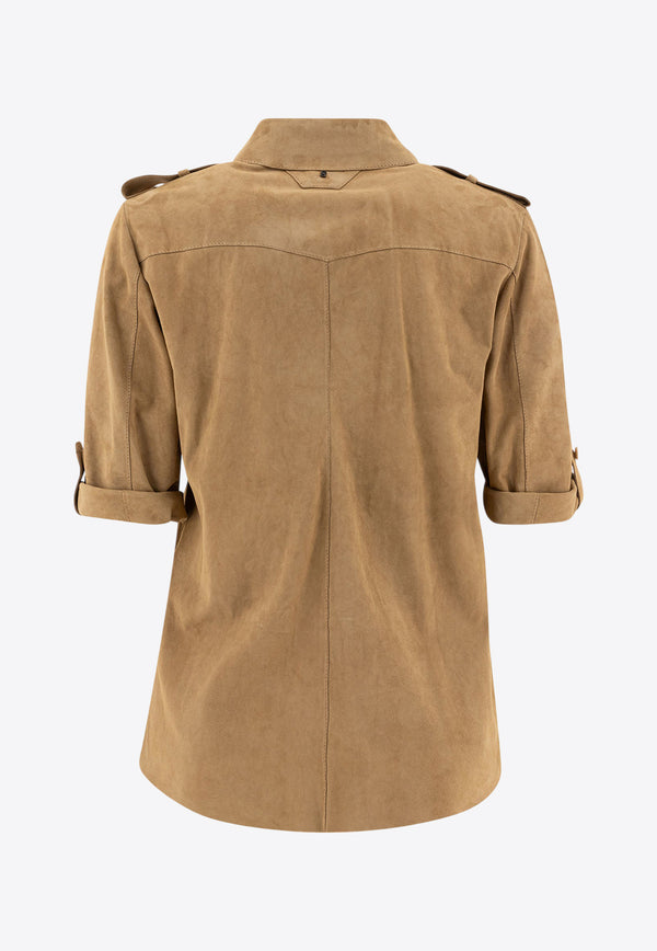 Salvatore Santoro Suede Leather Short-Sleeved Shirt Beige 48072-DBEIGE_78158