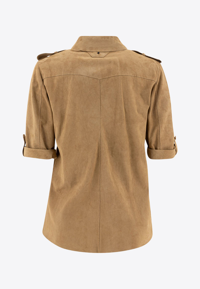Salvatore Santoro Suede Leather Short-Sleeved Shirt Beige 48072-DBEIGE_78158