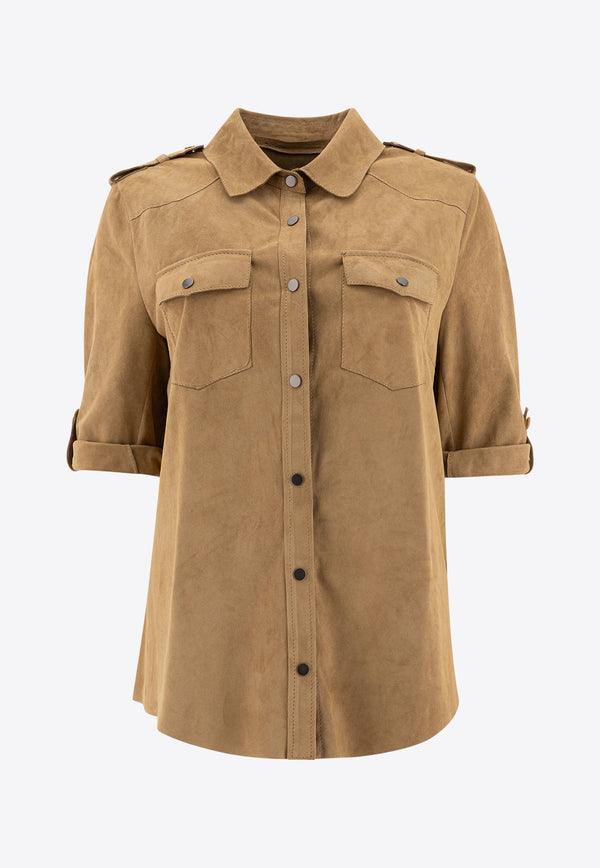 Salvatore Santoro Suede Leather Short-Sleeved Shirt Beige 48072-DBEIGE_78158