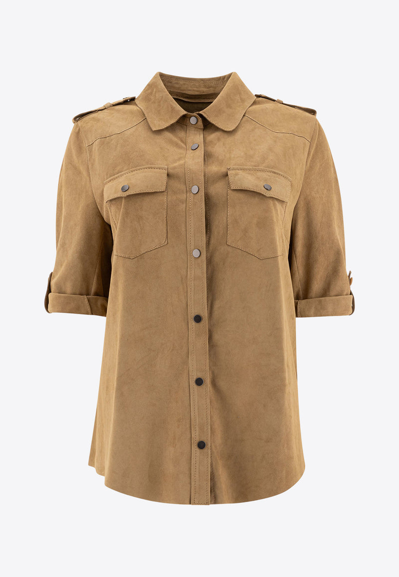 Salvatore Santoro Suede Leather Short-Sleeved Shirt Beige 48072-DBEIGE_78158