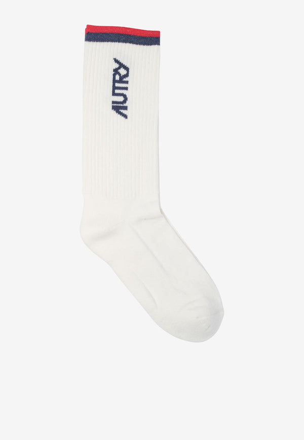 Autry Logo Print Ribbed Socks White SOPUE8FS_78624