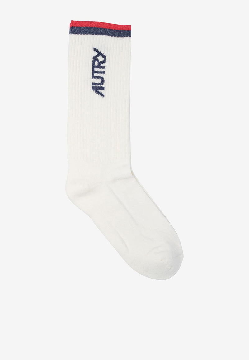 Autry Logo Print Ribbed Socks White SOPUE8FS_78624