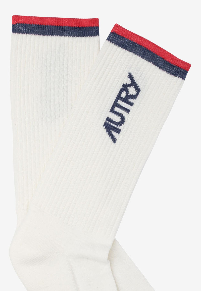 Autry Logo Print Ribbed Socks White SOPUE8FS_78624