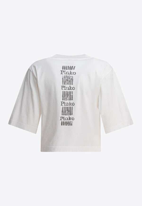 PINKO Love Birds Print V-neck T-shirt White 104606A2D0Z05_78719