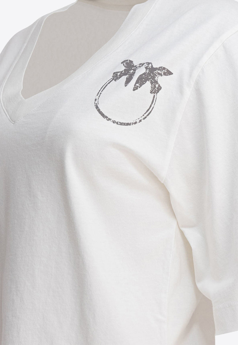 PINKO Love Birds Print V-neck T-shirt White 104606A2D0Z05_78719