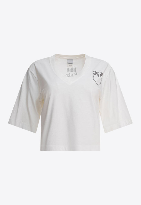 PINKO Love Birds Print V-neck T-shirt White 104606A2D0Z05_78719