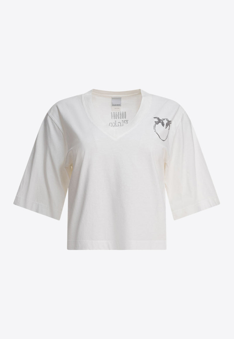 PINKO Love Birds Print V-neck T-shirt White 104606A2D0Z05_78719