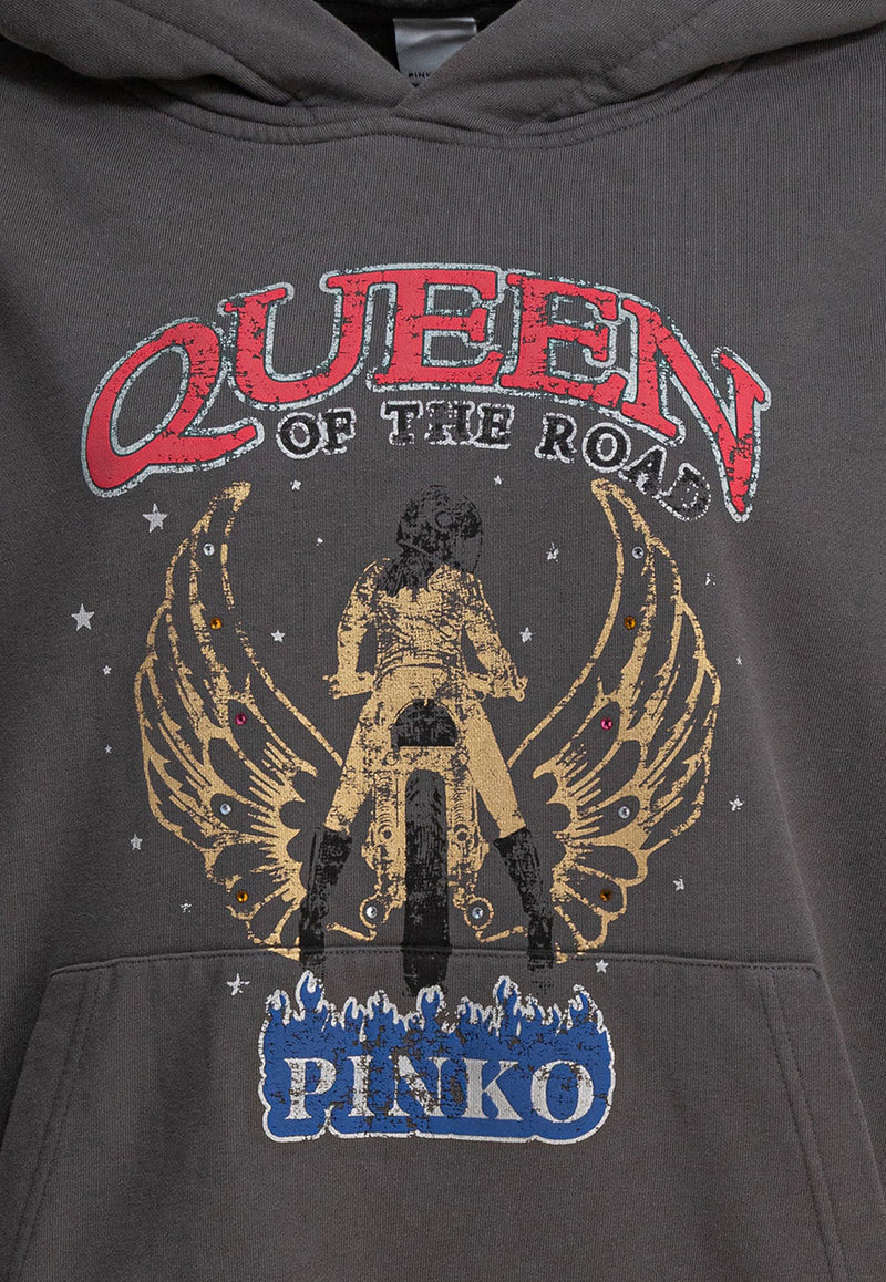 PINKO Motorbike Rider-Print Oversized Hoodie Gray 104623A2DBI63_78775