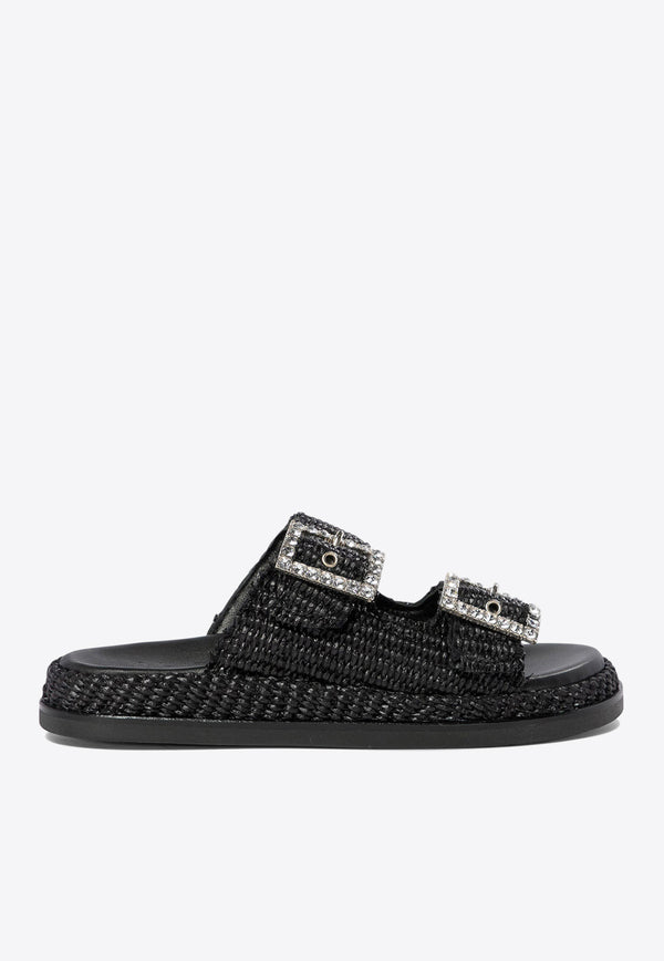 ALIBI Greta Crystal Buckle Raffia Sandals Black GRETANERO_78872