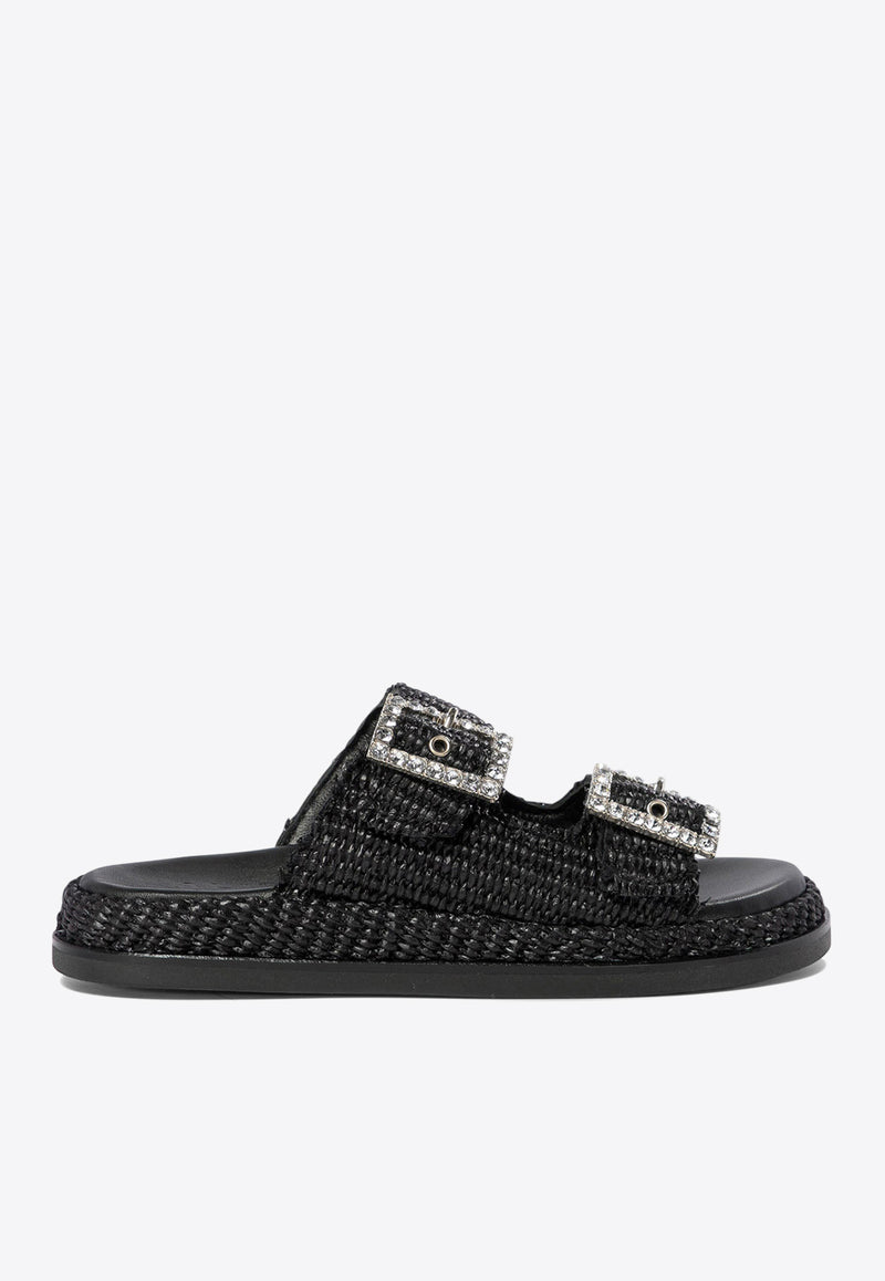 ALIBI Greta Crystal Buckle Raffia Sandals Black GRETANERO_78872