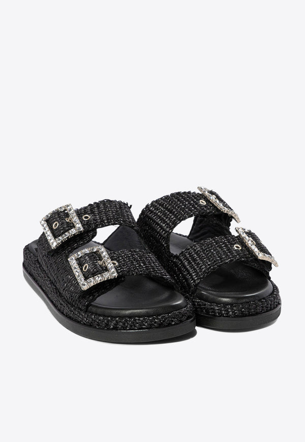 ALIBI Greta Crystal Buckle Raffia Sandals Black GRETANERO_78872