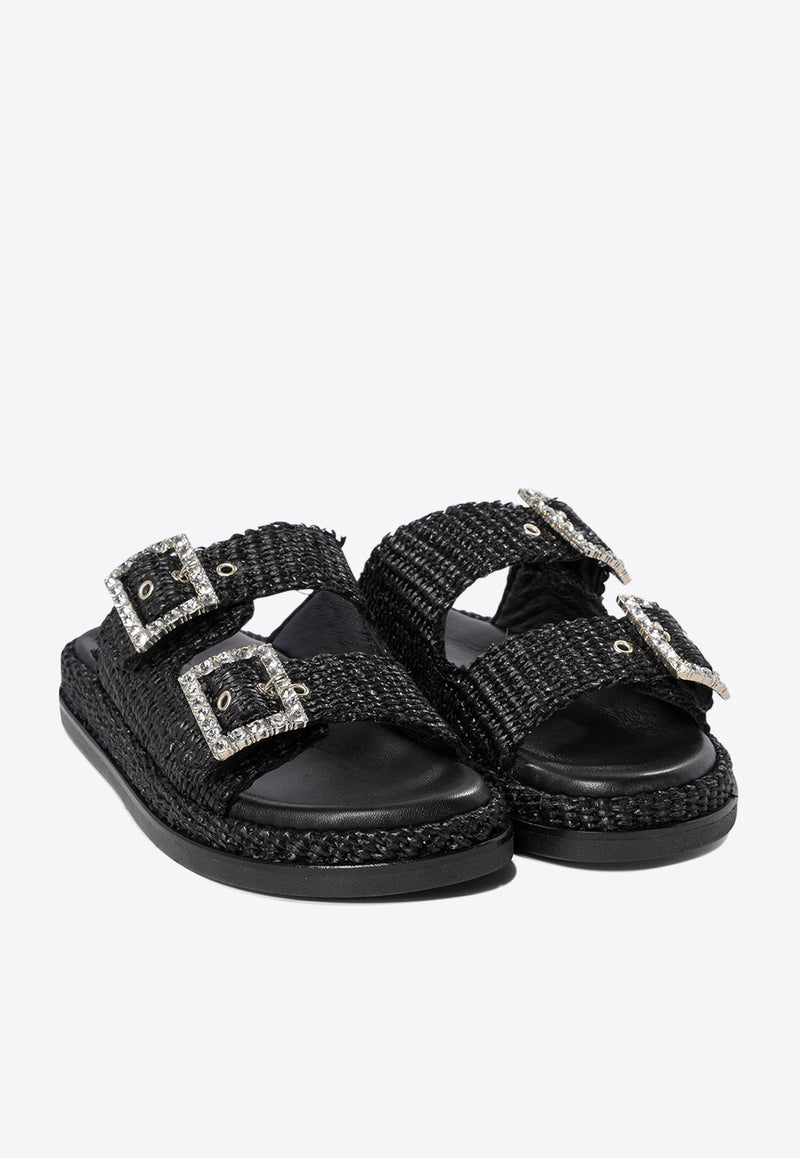 ALIBI Greta Crystal Buckle Raffia Sandals Black GRETANERO_78872