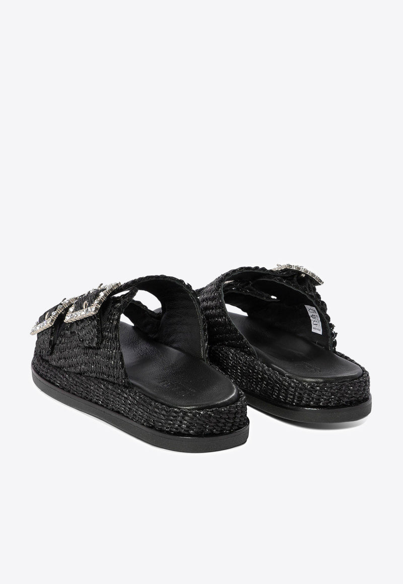 ALIBI Greta Crystal Buckle Raffia Sandals Black GRETANERO_78872