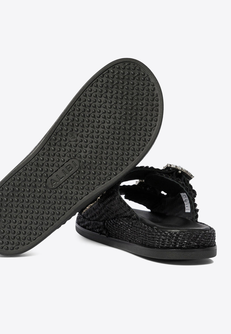 ALIBI Greta Crystal Buckle Raffia Sandals Black GRETANERO_78872