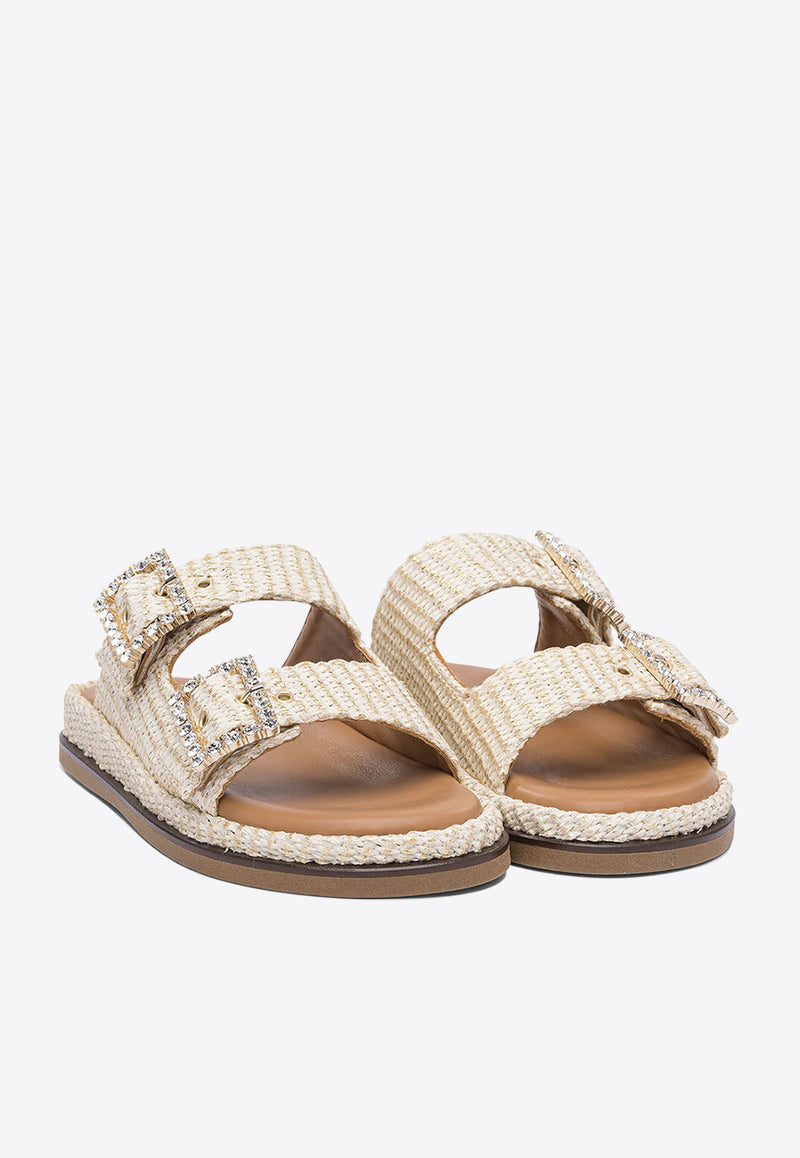 ALIBI Greta Crystal Buckle Raffia Sandals Pearl GRETAPEARL/GOLD_78982