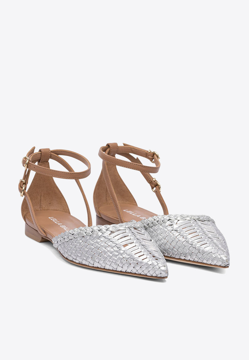 Lella Baldi Solange Braided Leather Ballet Flats Silver LE2542INTRFOIL/MOCHA_79019
