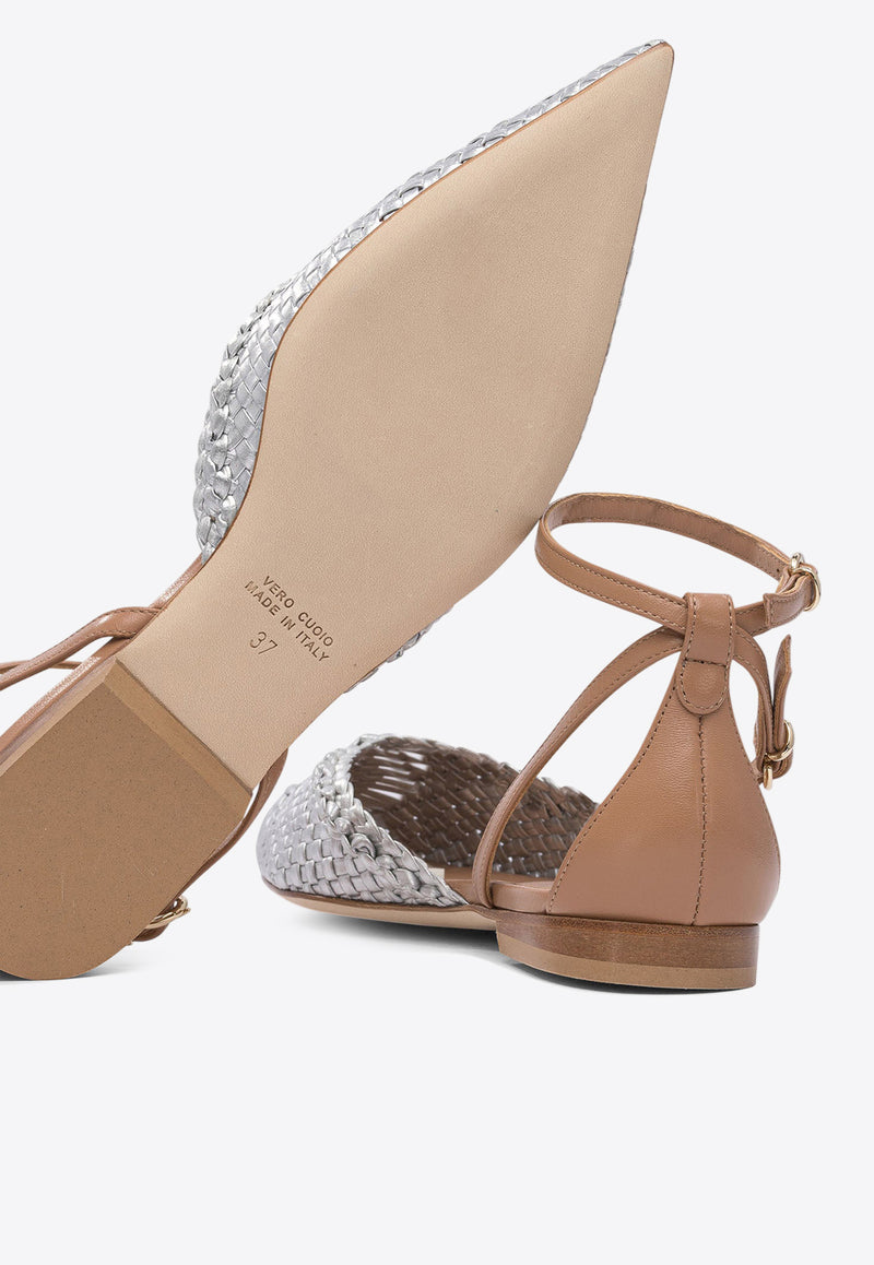 Lella Baldi Solange Braided Leather Ballet Flats Silver LE2542INTRFOIL/MOCHA_79019
