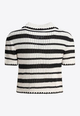 Self-Portrait Striped Knit Cropped Top Monochrome SS25-126T-CCREAM BLACK_79368