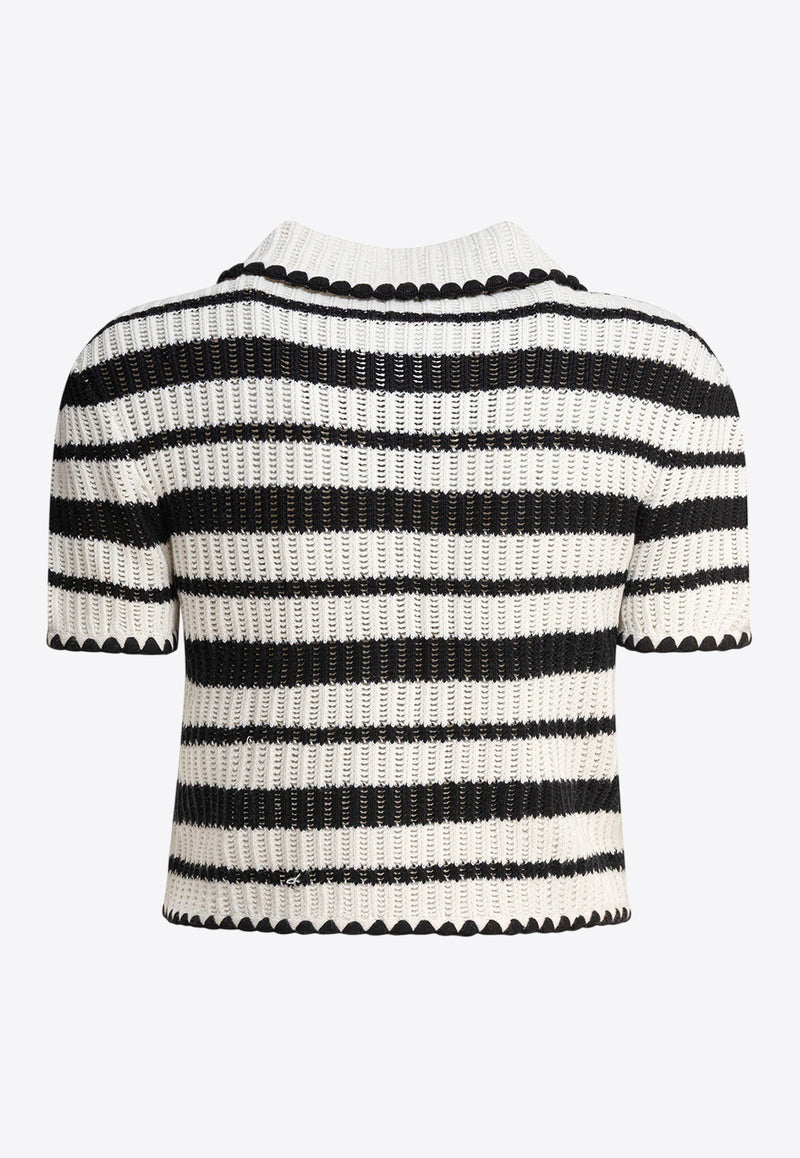 Self-Portrait Striped Knit Cropped Top Monochrome SS25-126T-CCREAM BLACK_79368