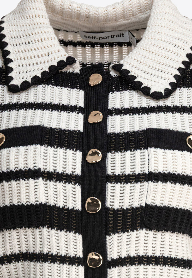 Self-Portrait Striped Knit Cropped Top Monochrome SS25-126T-CCREAM BLACK_79368