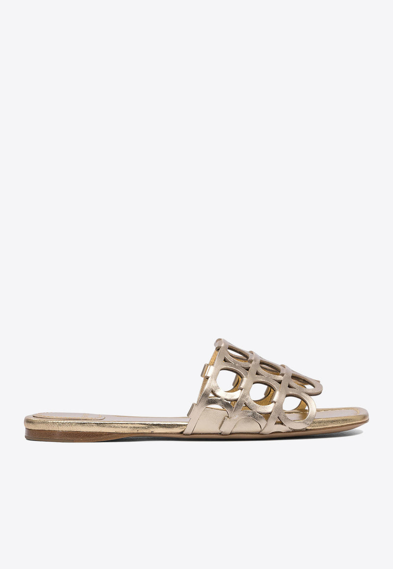 Ferragamo Erne Logo Monogram Metallic Leather Sandals Gold 0782519_79751